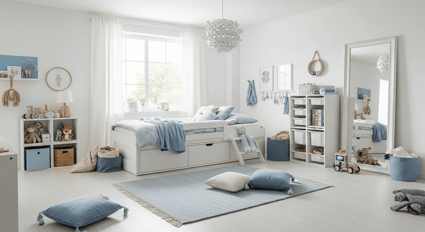 Rummeligt og roligt staged børneværelse med lyse farver og minimalistiske møbler