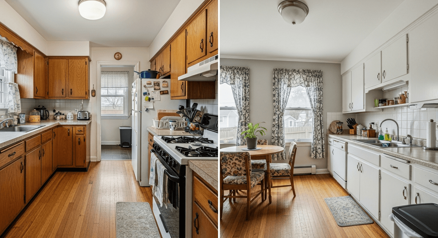 Egy nem fotogén konyha felkészítés előtti és utáni képe, amely a zsúfoltból hívogató térré való átalakulást mutatja