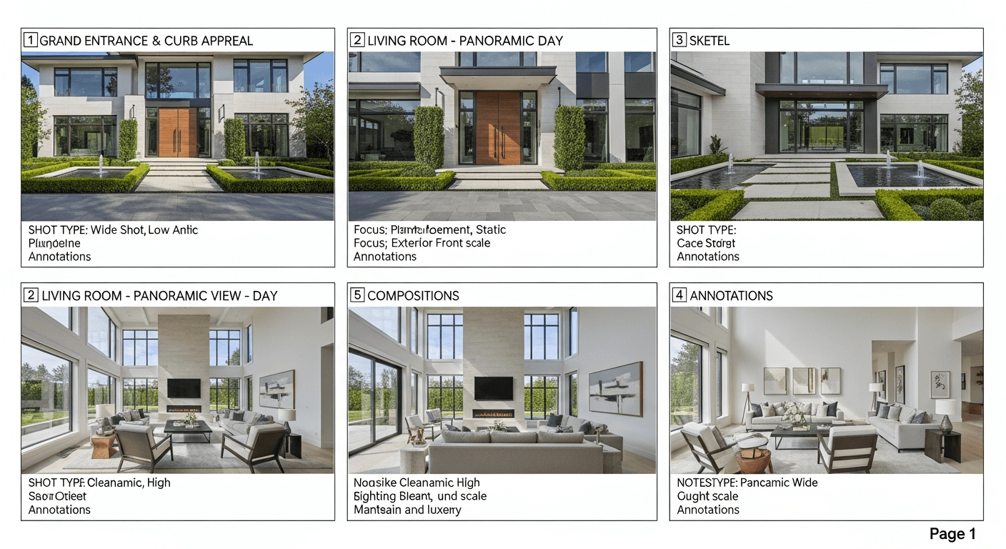 رسم تخطيطي تفصيلي للوحة قصة لفيديو عقار فاخر يضم لقطات أرضية لداخل وخارج منزل راقٍ