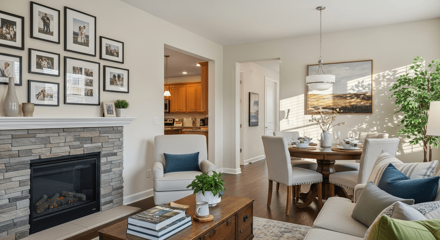 Ugodan dnevni boravak uređen da evocira obiteljska okupljanja, ilustrirajući pripovijedanje u prodaji nekretnina