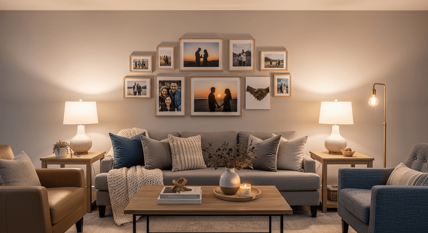 غرفة معيشة مجهزة بشكل جميل توحي بالدفء والحياة الأسرية، توضح سرد القصص في مبيعات العقارات