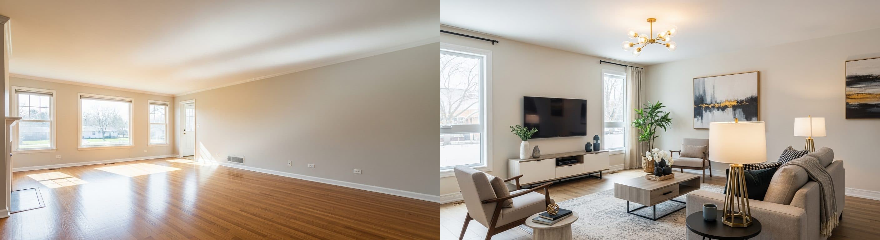 Nappali: virtuális lakásrendezés előtt vs után