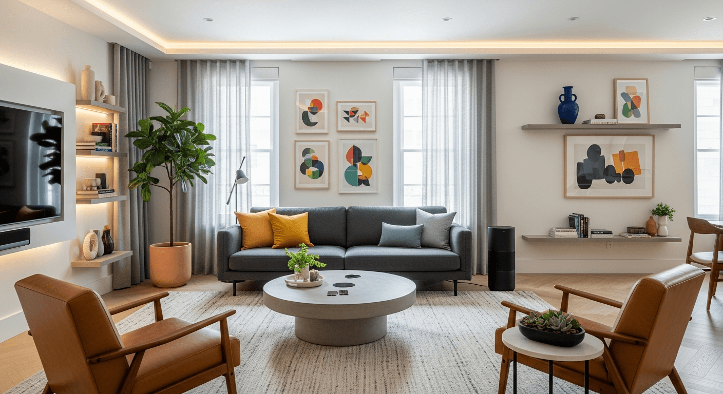 Modern nappali, millenniumi vevőknek berendezve, tech-integrált bútorokkal