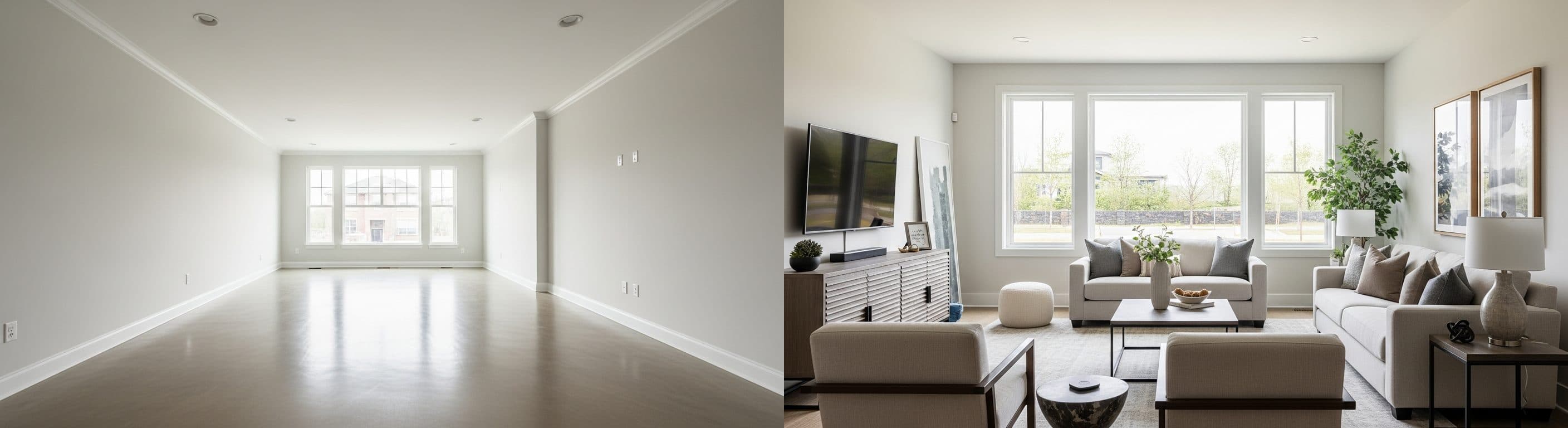 Woonkamer: voor versus na virtuele presentatie