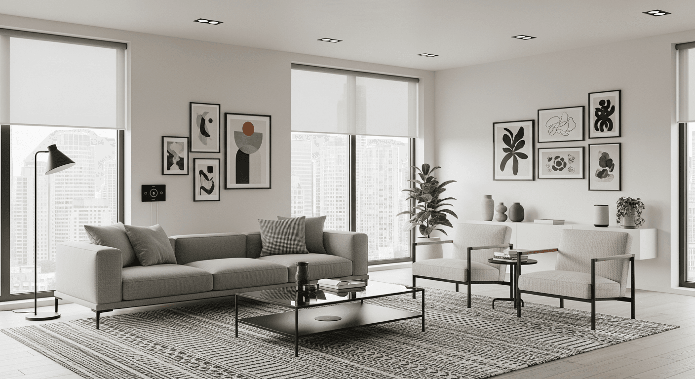 Moderne woonkamer ingericht voor millennial kopers met strak meubilair en technische elementen