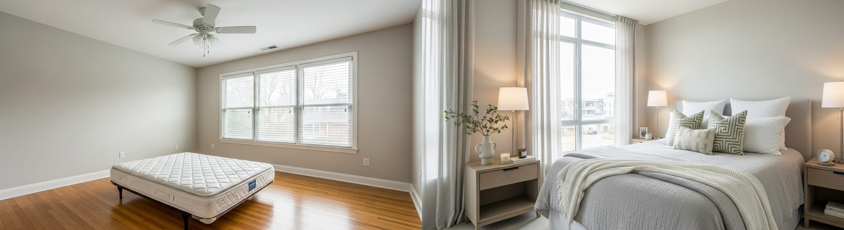 soveværelse: før vs. efter virtuel staging