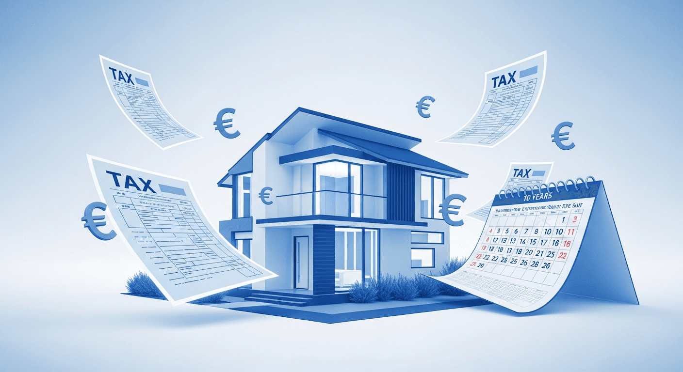 Illustration af et hus med skattedokumenter og en kalender, der fremhæver den 10-årige spekulationsperiode