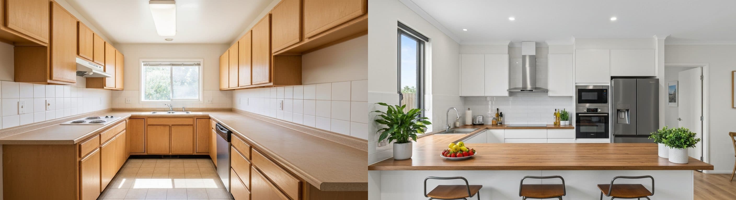 المطبخ: قبل مقابل بعد التجهيز الافتراضي