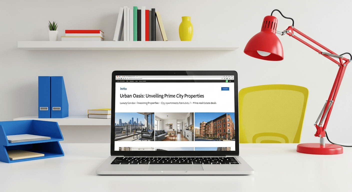 قالب مقدمة إعلان عقاري حديث على شاشة حاسوب محمول مع صور عقارية