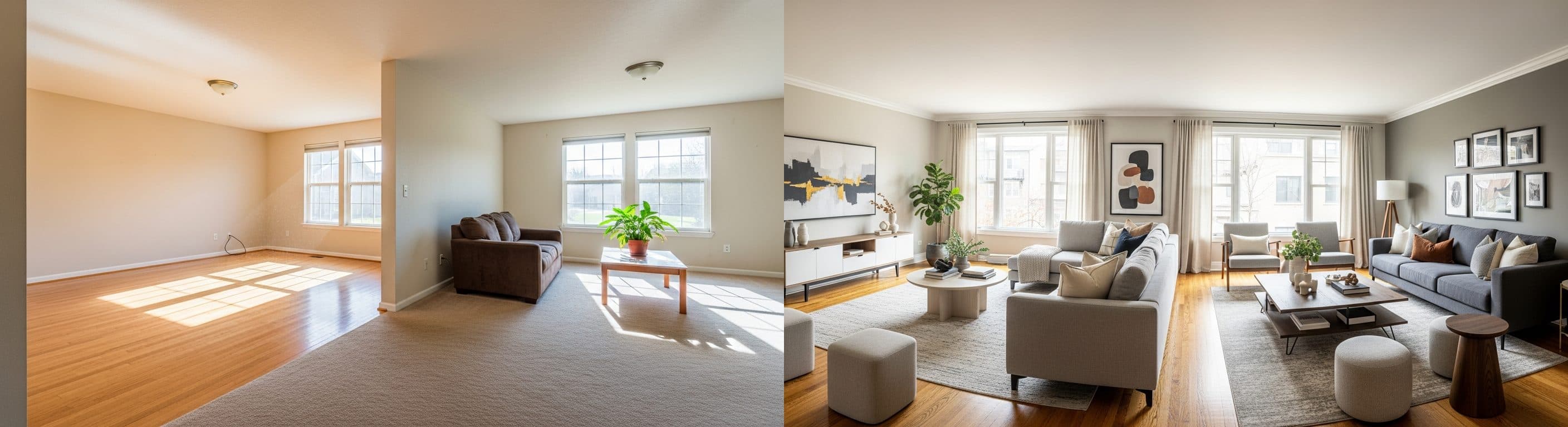 غرفة المعيشة: قبل وبعد التنسيق الافتراضي