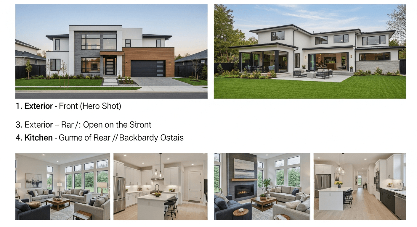 A beautifully sequenced real estate listing photo gallery showing exterior, living room, and kitchen