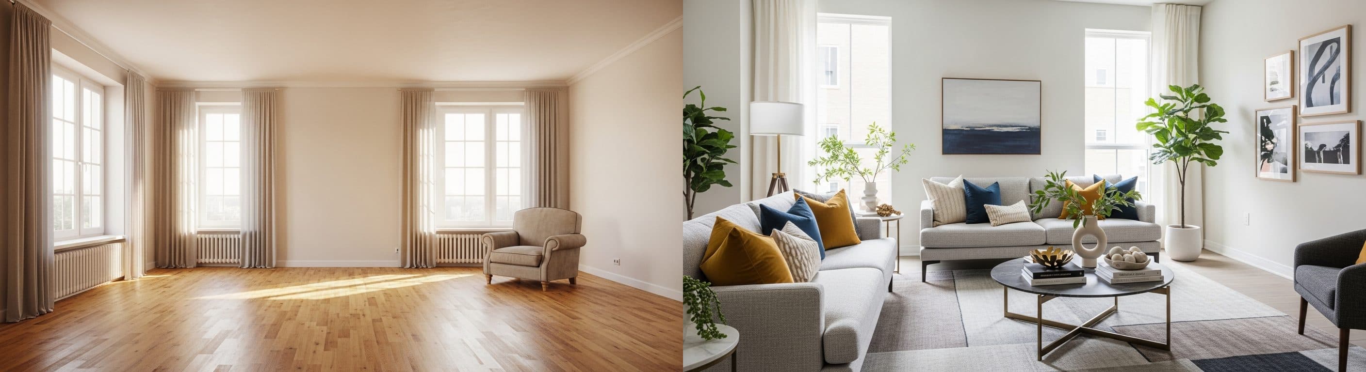 غرفة المعيشة: قبل وبعد التنسيق الافتراضي