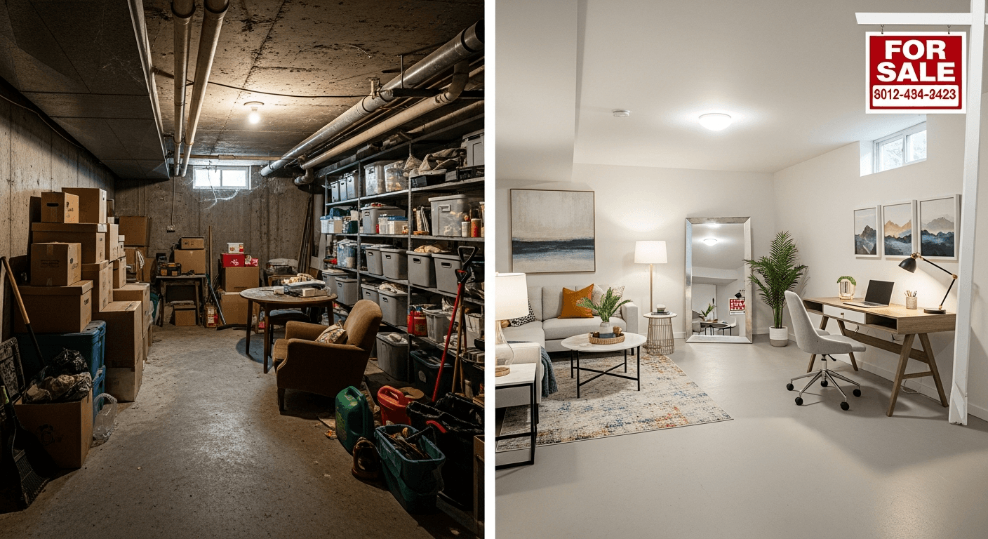 Before and after image of a staged unphotogenic room transformation