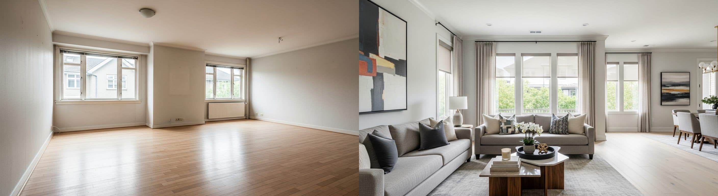 Obývací pokoj: před a po virtuálním stagingu