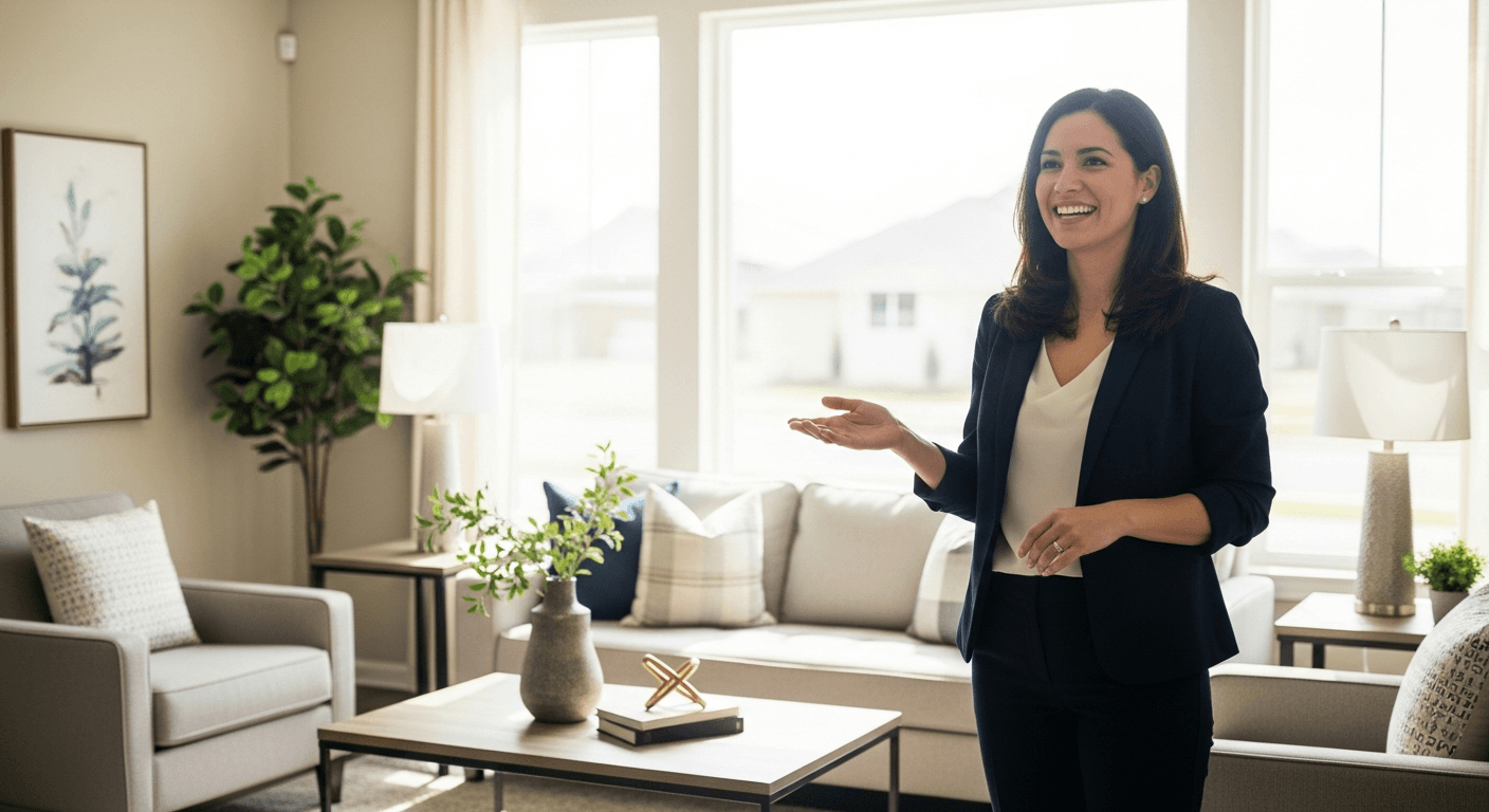 Sebevědomý majitel domu diskutující důvody prodeje s kupujícím v krásně zařízeném obývacím pokoji