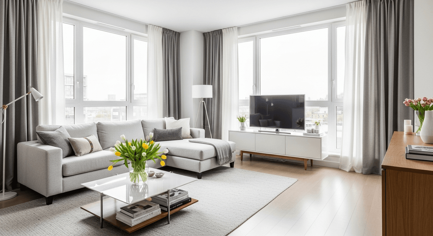 A well-staged living room ready for a property viewing, highlighting curb appeal and lighting.