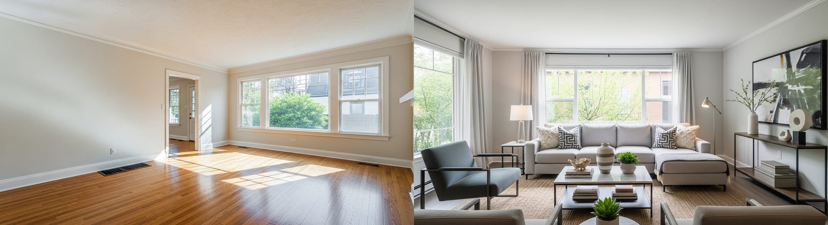 غرفة المعيشة: قبل وبعد التجهيز الافتراضي