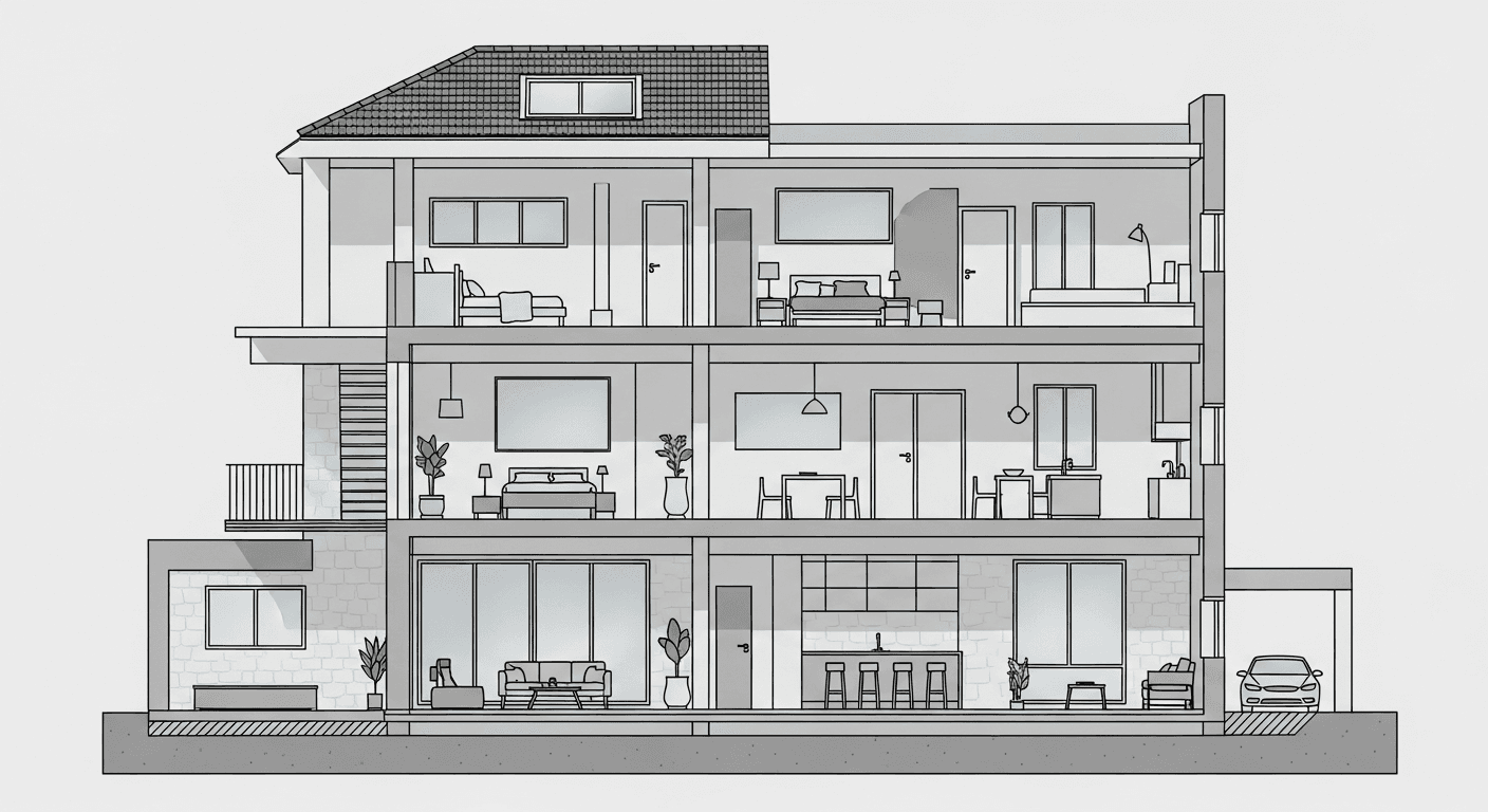 Ilustracija kuće podijeljene na dijelove koji prikazuju razlike u stambenoj, korisnoj i tlocrtnoj površini