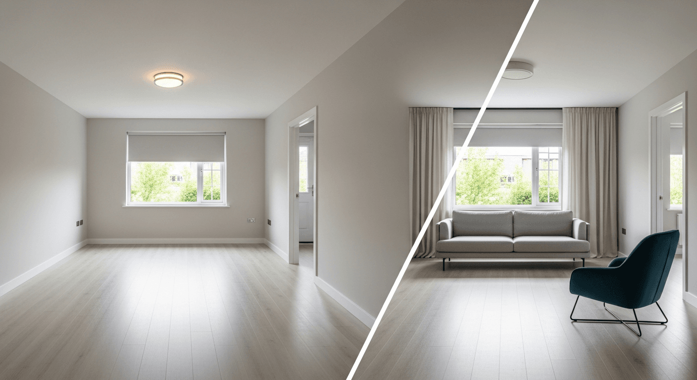 غرفة المعيشة: قبل وبعد التجهيز الافتراضي