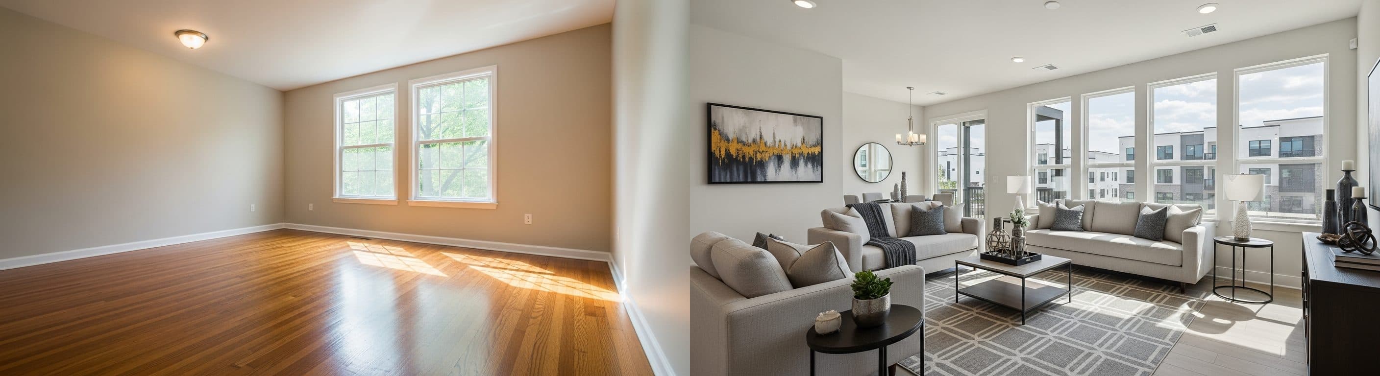 Stue: før vs etter virtuell styling