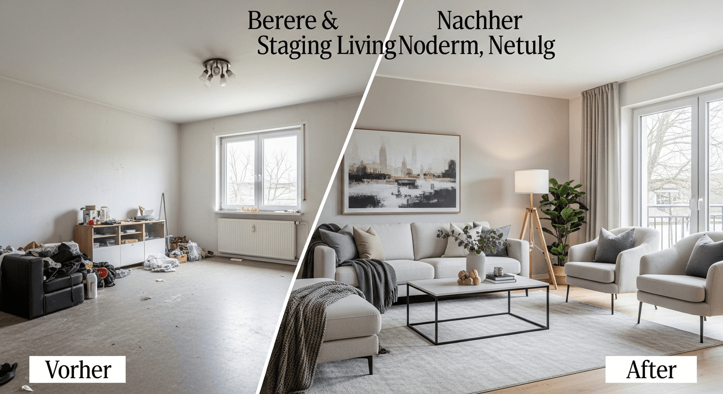 Virtuell styling før og etter-forvandling av en stue