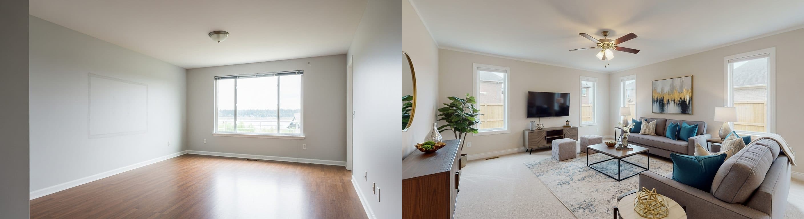 غرفة المعيشة: قبل وبعد التأثيث الافتراضي