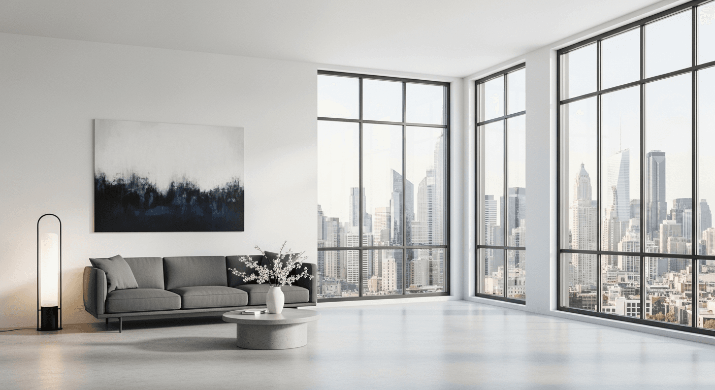 غرفة معيشة حديثة مؤثثة افتراضيًا بأسلوب بسيط بألوان محايدة وأثاث أنيق