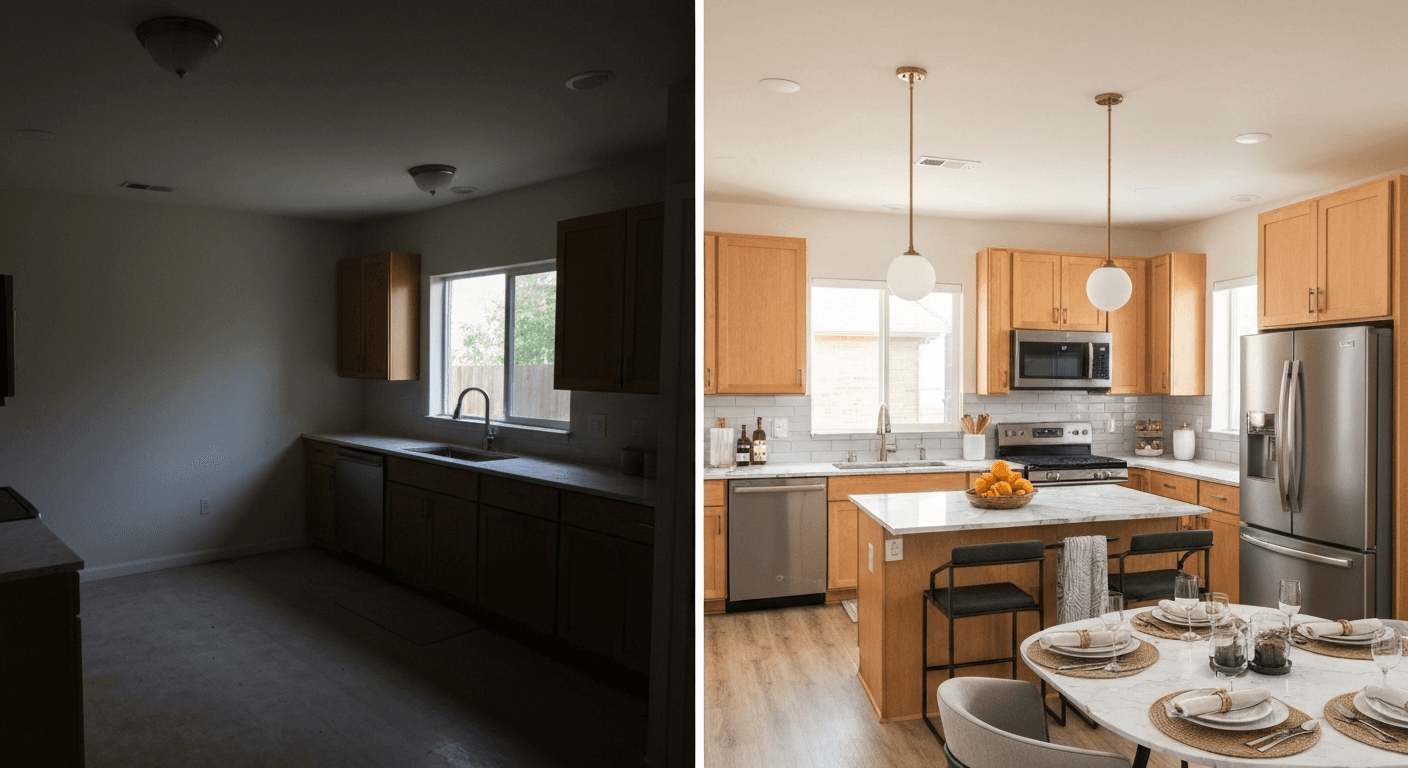 Mutfak: sanal staging öncesi ve sonrası