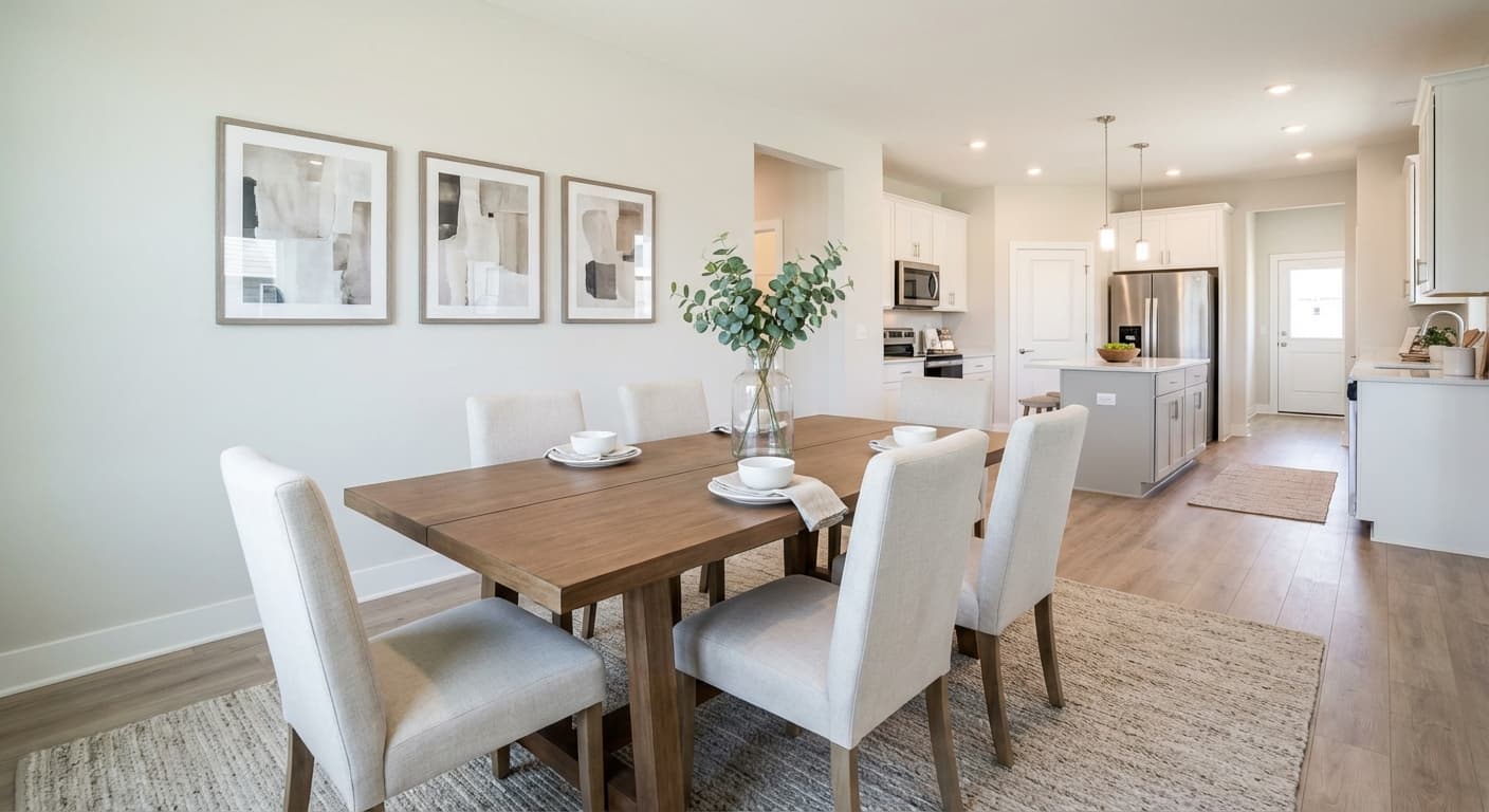 Samma matplats stylad med ett modernt bord för sex, stoppade stolar, en neutral matta och minimalistisk dekor.