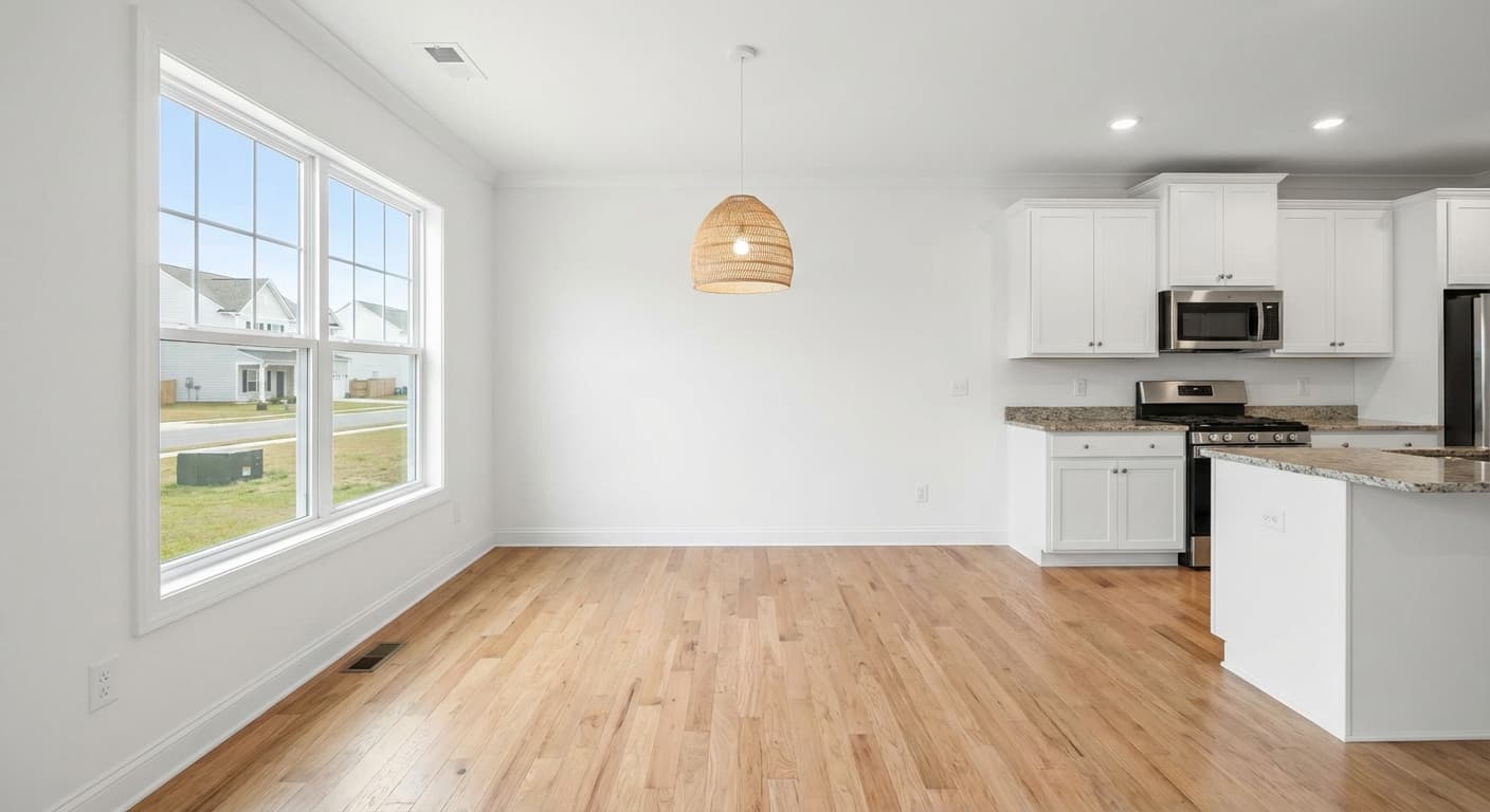 Tom matplats med ljusa trägolv, vita väggar och en pendellampa i dagsljus.