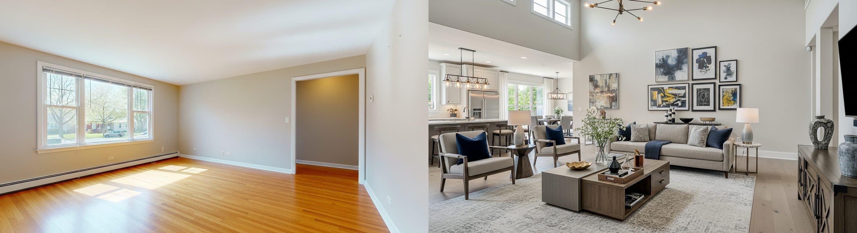 Living Room: before vs after virtual staging