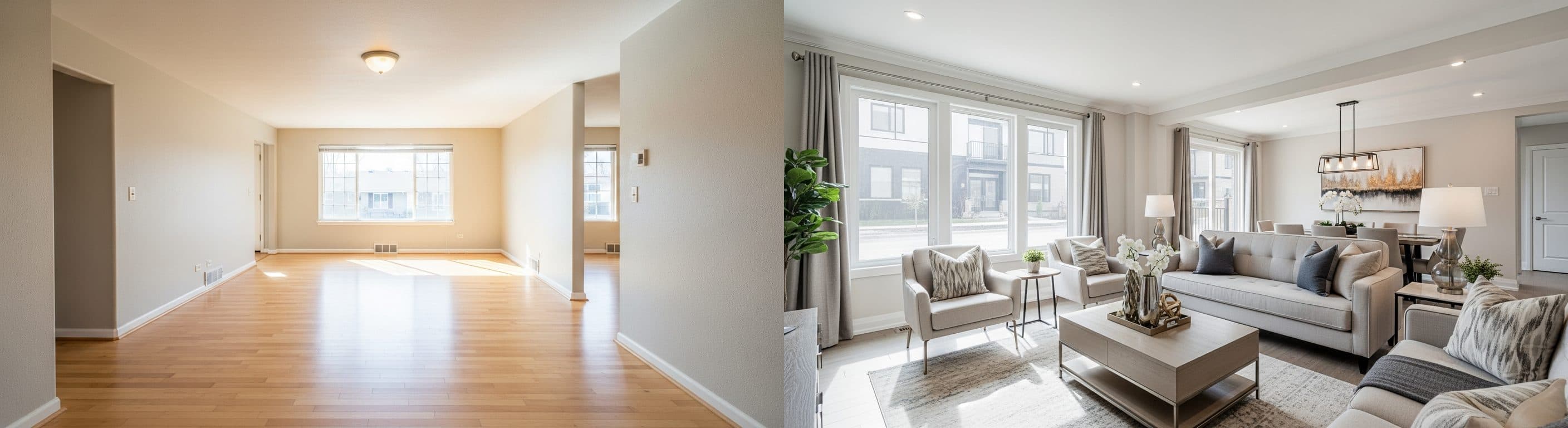 غرفة المعيشة: قبل وبعد التنسيق الافتراضي