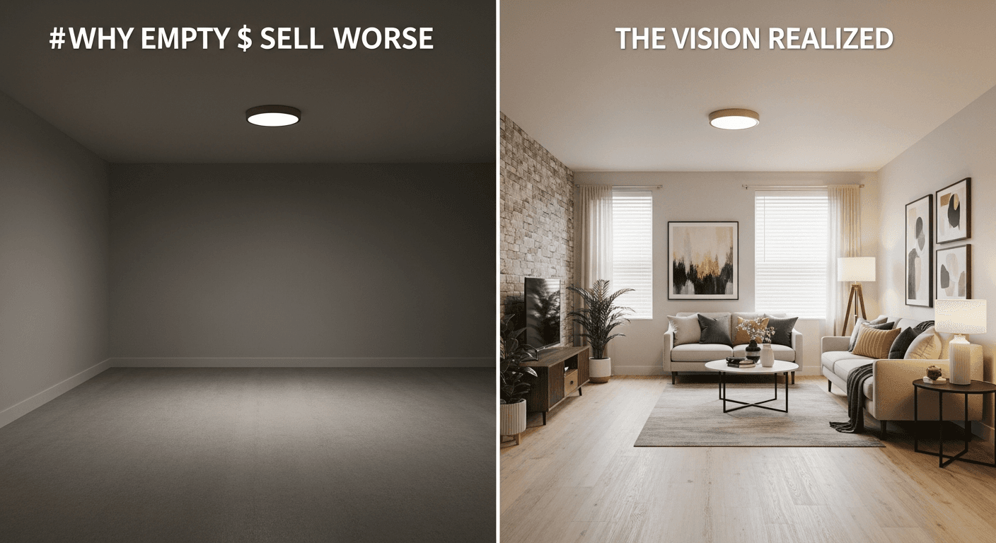 Stanza vuota in una casa dall'aspetto poco invitante rispetto a un soggiorno splendidamente allestito