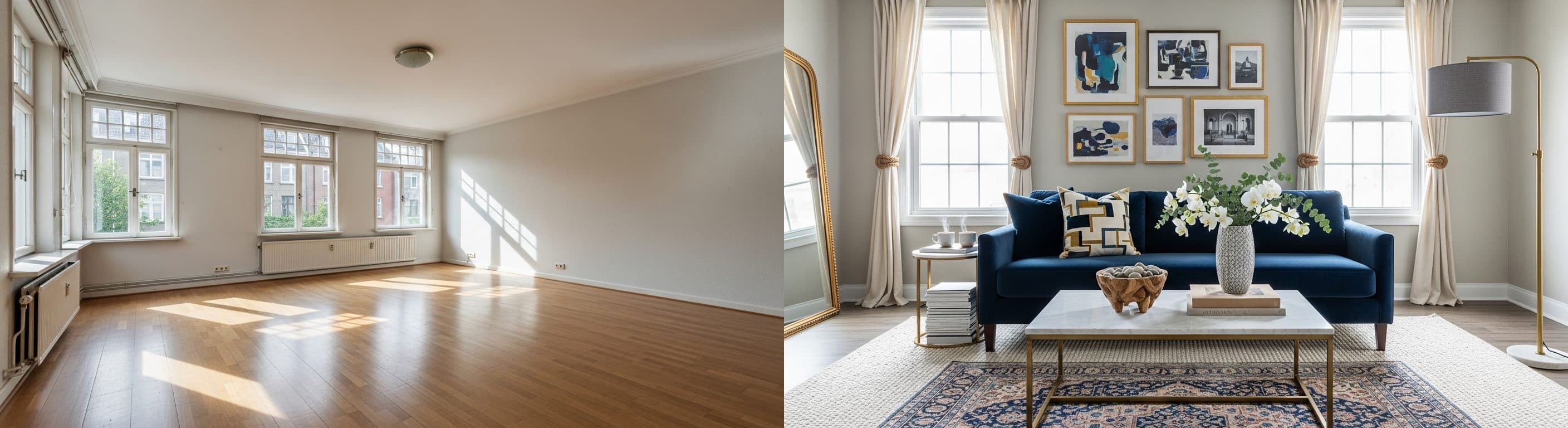 غرفة المعيشة: قبل وبعد التنسيق الافتراضي