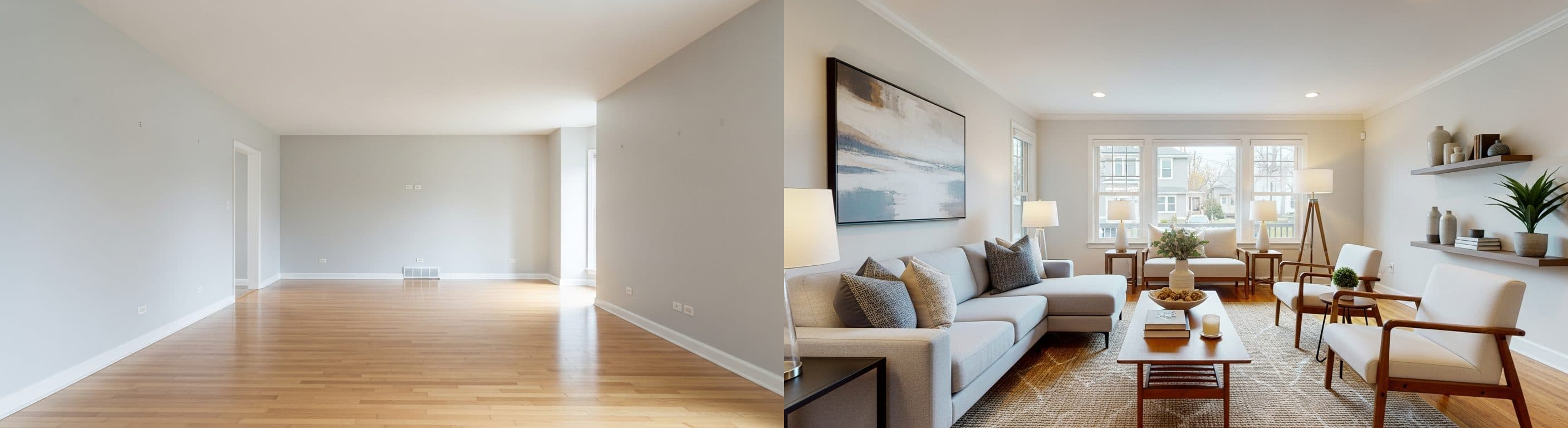 غرفة المعيشة: قبل مقابل بعد التجهيز الافتراضي