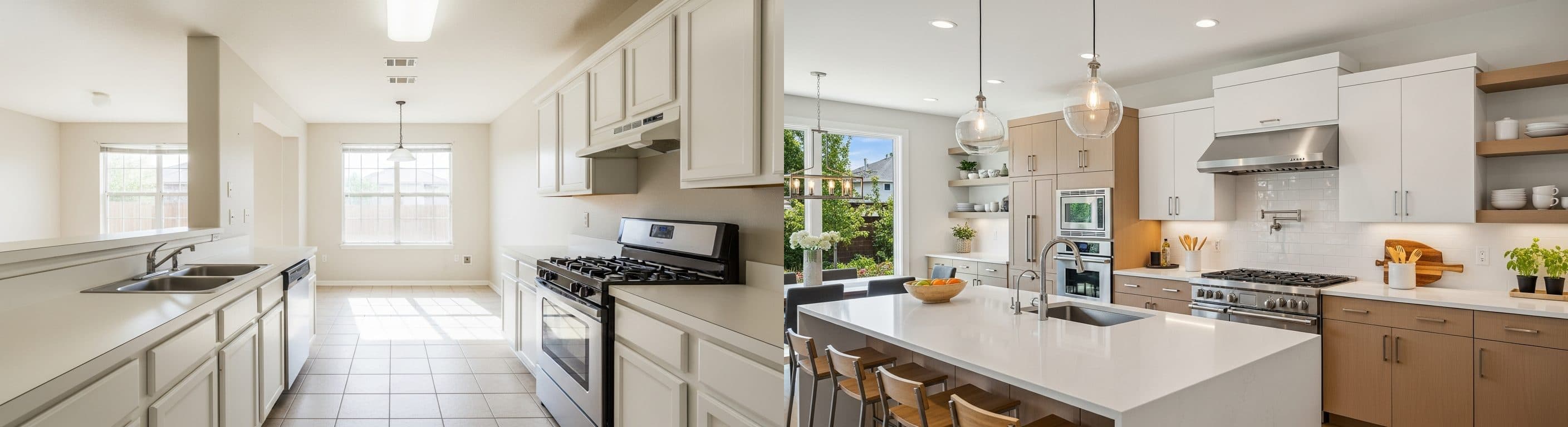 المطبخ: قبل مقابل بعد التجهيز الافتراضي