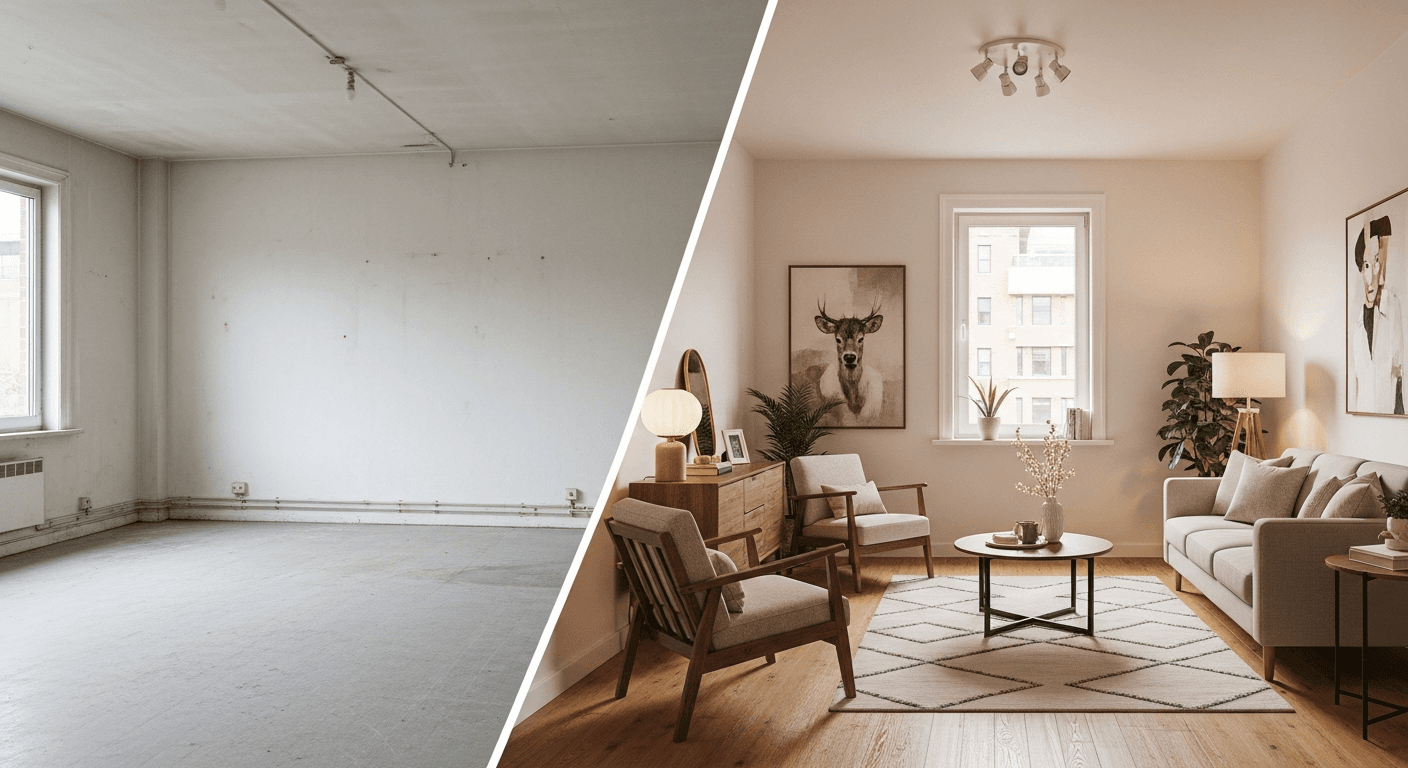 صورة قبل وبعد لغرفة فارغة باردة تحولت إلى مساحة معيشة دافئة ومجهزة