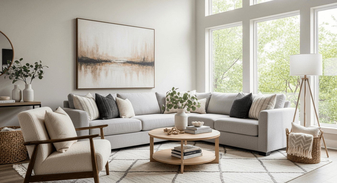 Acogedora sala de estar con home staging virtual que muestra elementos de descripción de propiedades que generan confianza